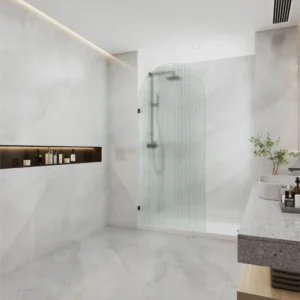Frameless Walk-in Single Panel Top Arch Fluted / Narrowline Tempered 10mm Australia Standard Toughen Glass install with U Shape Wall Bracket