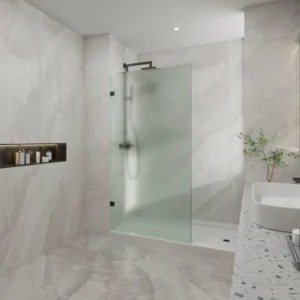 Frameless Walk-in Single Panel Frosted/ Matralux Tempered 10mm Australia Standard Toughen Glass install with L Shape Wall Bracket