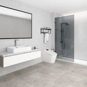 Frameless Walk-in Single Panel Grey Tempered 10mm Australia Standard Toughen Glass install with L Shape Wall Bracket