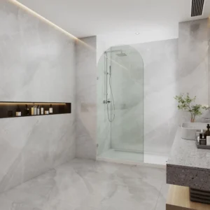 Frameless Walk-in Single Panel Top Arch  Clear Tempered 10mm Australia StandardToughen Glass install with L Shape Wall Bracket