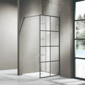 Black Framed Walk-in Single Panel 8 Printed Grills 6mm Australian Standard Clear Tempered Toughen Glass install With Support bar